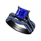 EW EHS Princess Cut 2.50 ct Blue Sapphire Black Gold Finish 925 Silver Ring Set