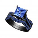 Princess Cut 2.50 ct Blue Sapphire Black Rhodium Plated 925 Silver Ring Set 5 6