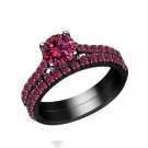 FJ EHS Full Black 925 Sterling Silver 2.00 CT Pink Sapphire Bridal Ring Set
