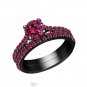 FJ EHS Full Black 925 Sterling Silver 2.00 CT Pink Sapphire Bridal Ring Set