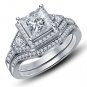 FJ EHS Platinum Plated 925 Sterling Silver Bridal Engagement Ring Set