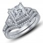 FJ EHS Platinum Plated 925 Sterling Silver Bridal Engagement Ring Set