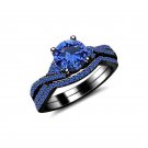 2.25 Ct Blue Sapphire Black Rhodium Plated 925 Silver Bridal Ring Set AZ