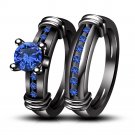1.50 Ct Blue Sapphire Full Black 925 Silver Wedding Anniversary Ring Set EW EHS