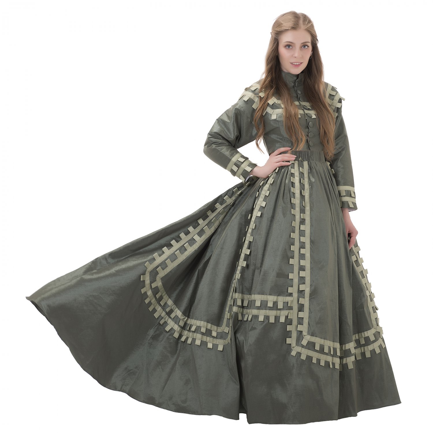 Custom made 1890s Victorian day dress cosplay civil war style green dress