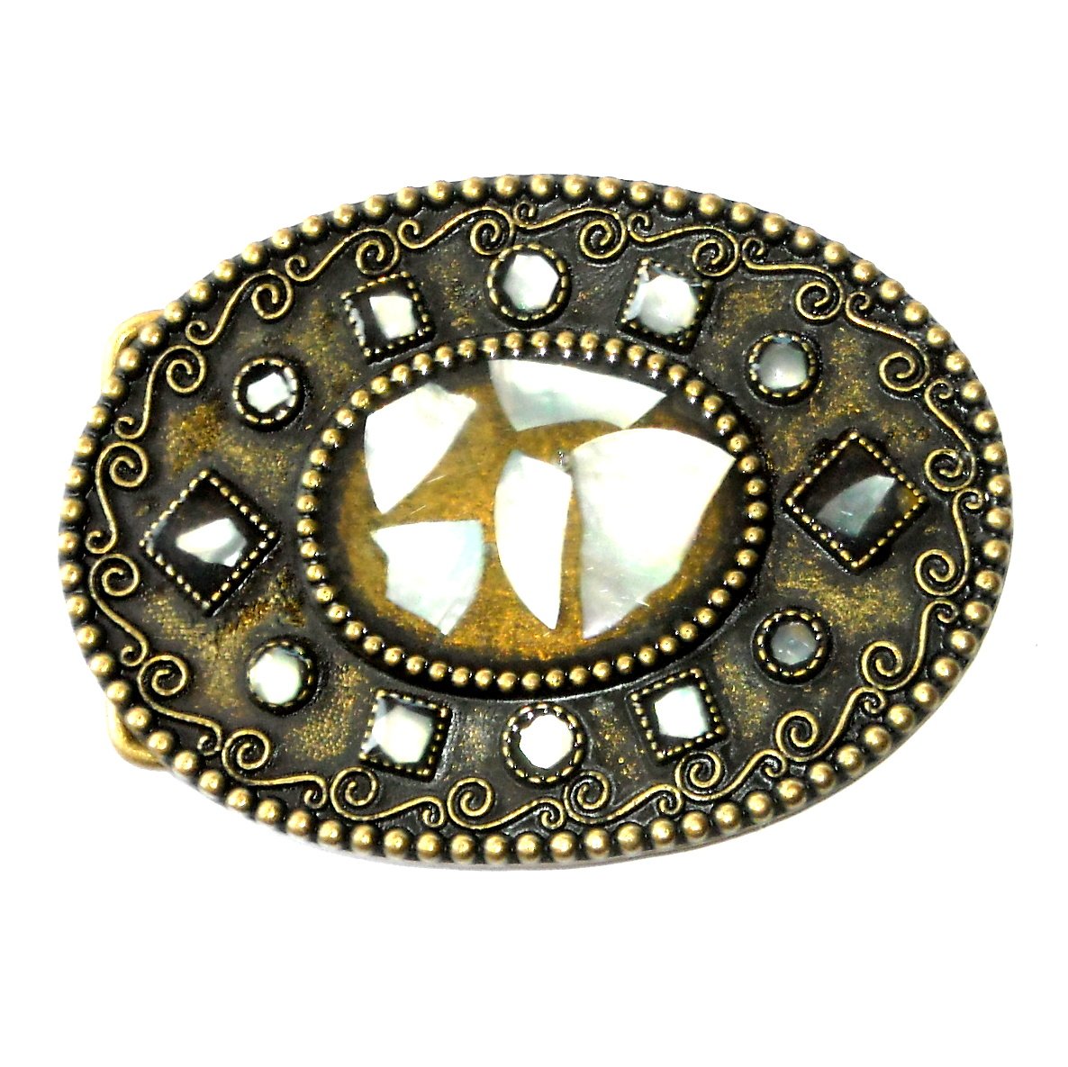 Inlaid Abalone Shell Boho Bobo Vintage Brass Color Western Belt Buckle