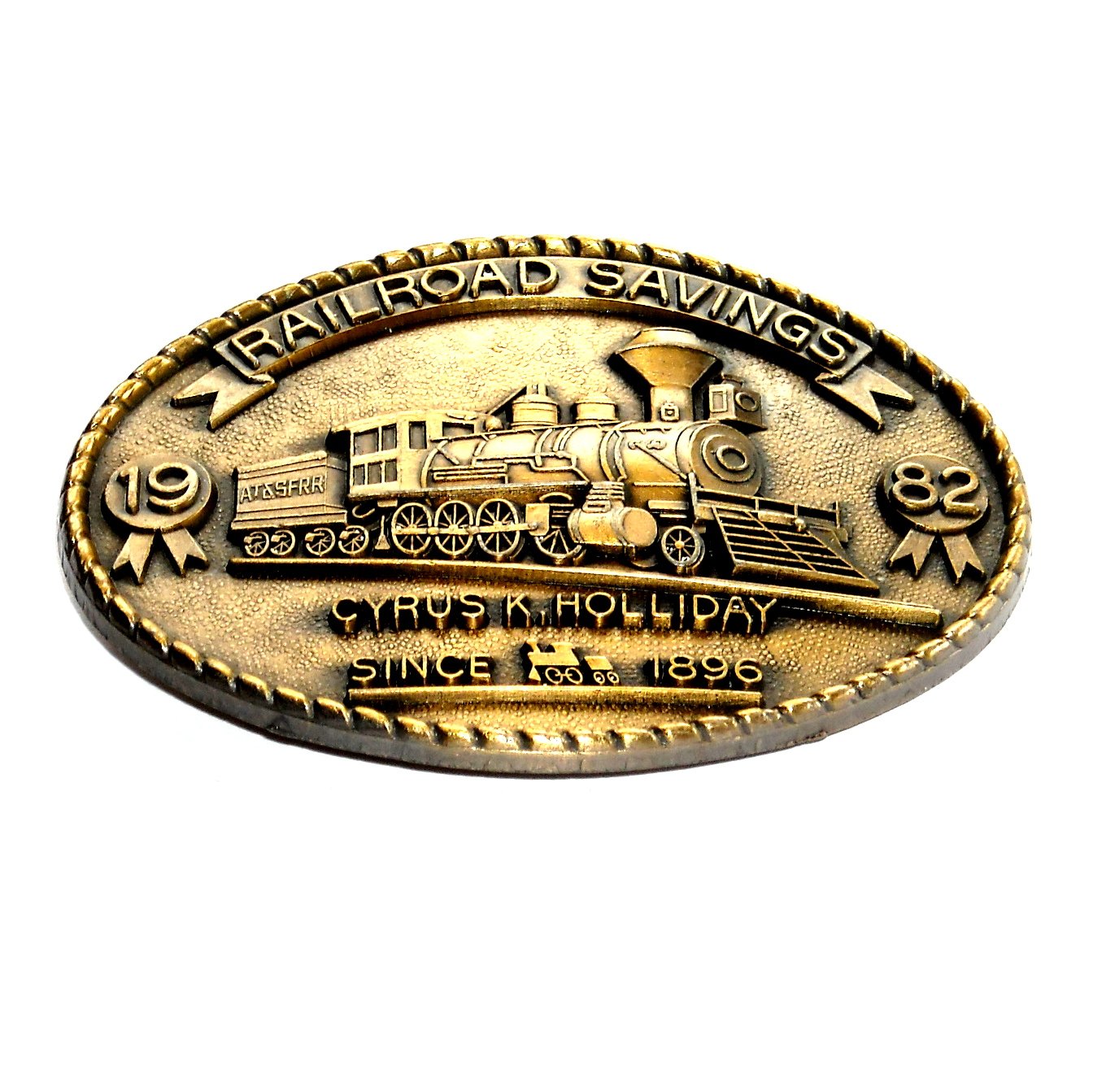 RailRoad Savings 1982 Cyrus Holliday Brass Color Belt Buckle