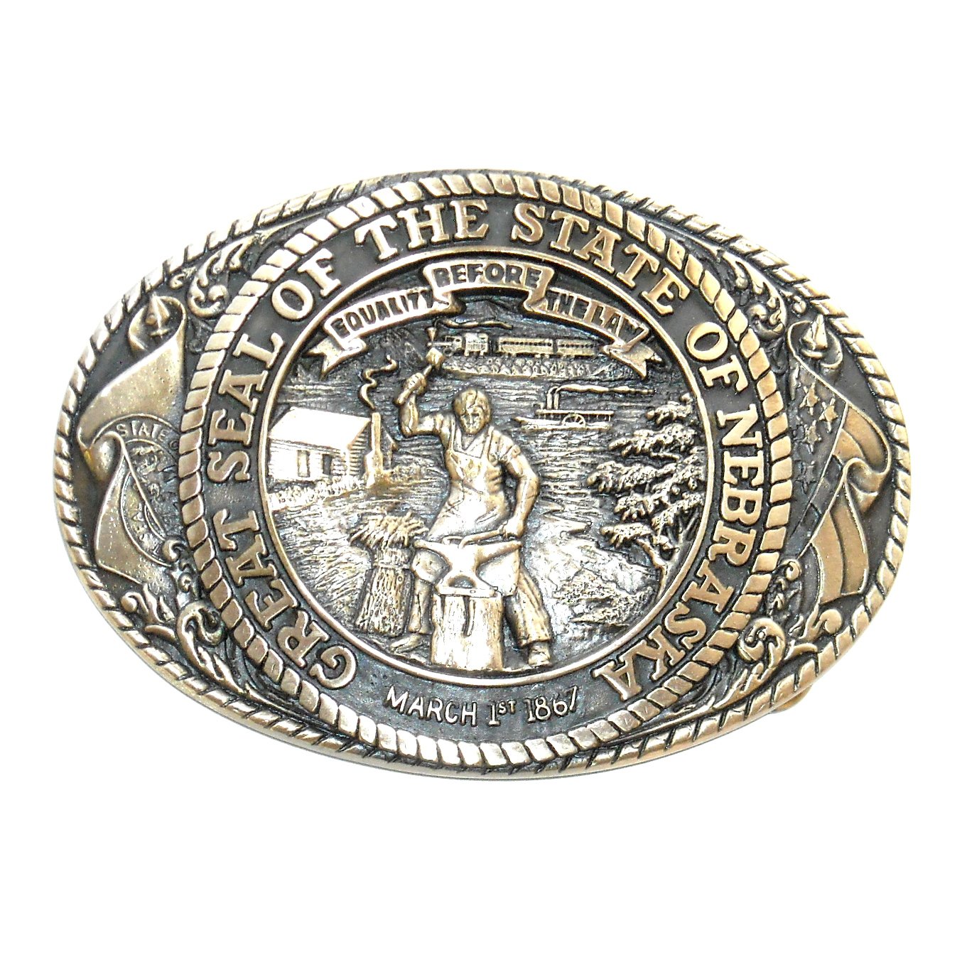 Tony Lama Nebraska State Seal Solid Brass US Belt Buckle