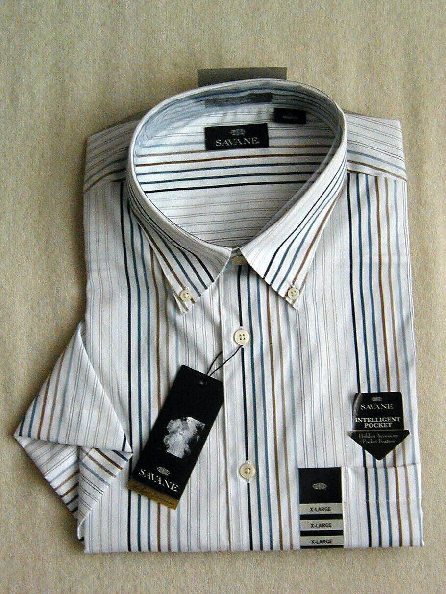 NWT NEW SAVANE Short Sleeve Striped Dress Shirt Size XL Extra Large
