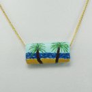 Two Palm Trees on the Beach Painted Wood Necklace, Handmade Original Art Jewelry