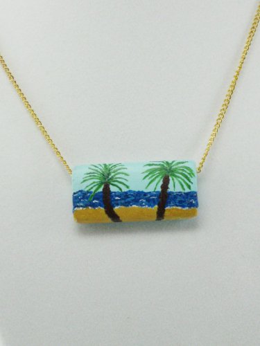 Two Palm Trees on the Beach Painted Wood Necklace, Handmade Original Art Jewelry