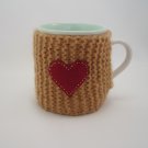 Lt. Brown Mug Cozy, Hand Knitted with Felt Heart Applique