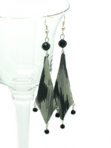 Black and Gray Silk Dangle Earrings, Handmade Fiber Art Fashion Jewelry