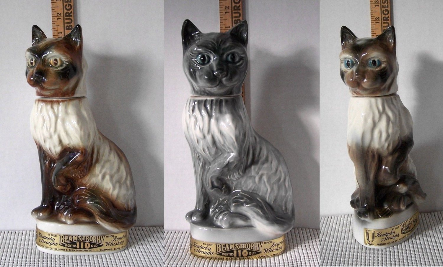 Jim Beam Vintage Burmese Siamese & Tabby Cats Barware Liquor Decanter Set