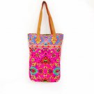 Pink Handbag Genieue Leather Strap Cotton Pastel Color Fabric Handmade Thailand