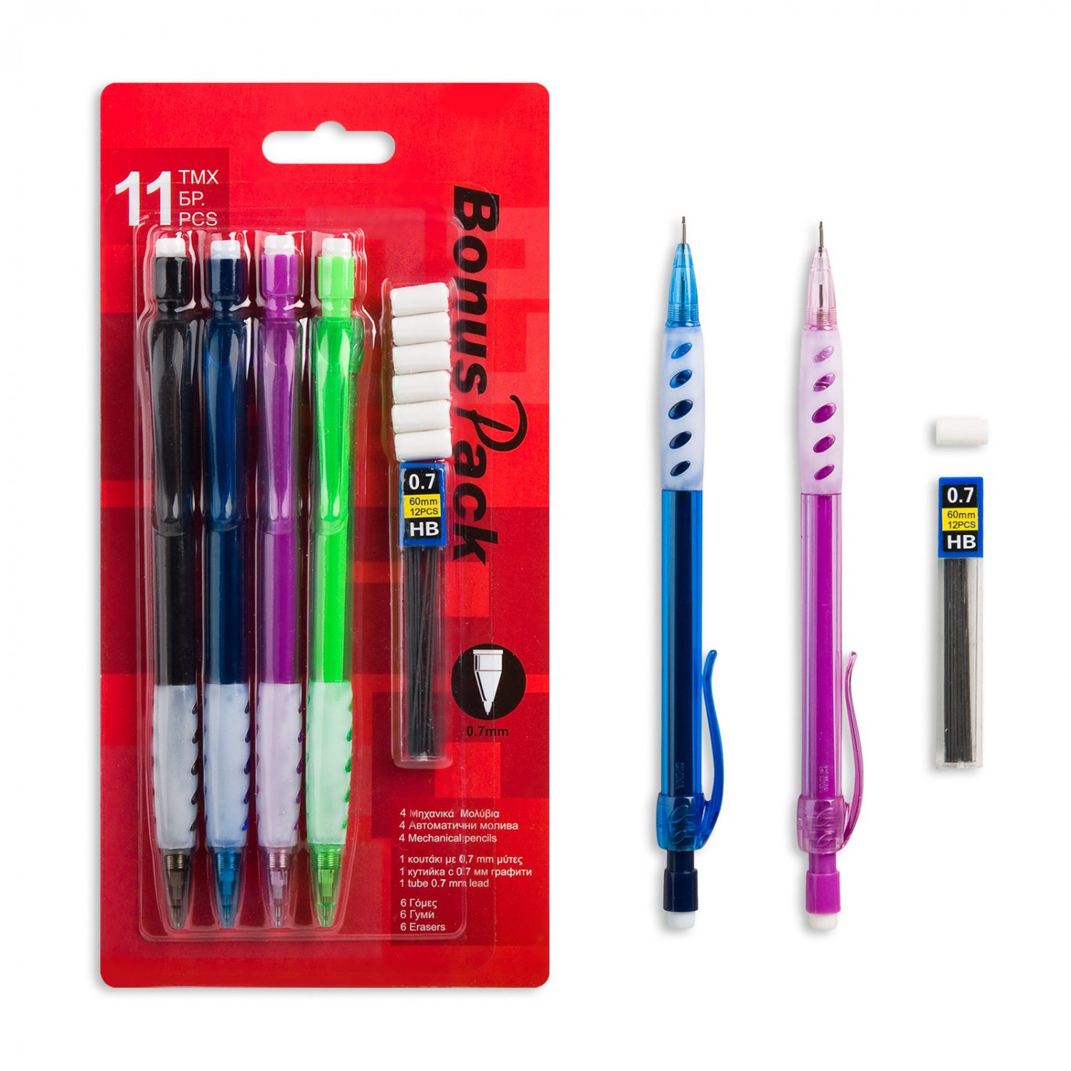 4 Automatic Mechanical Pencils 0.7 mm with 6 erasers and 1 refill lead