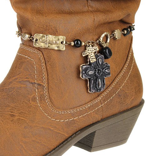 Boot Chain Charms Textured Cross Bead Gold Black New!