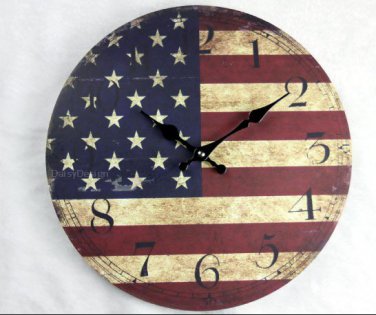 Vintage US Flag Wall Clock,Silent Wood Wall Clock