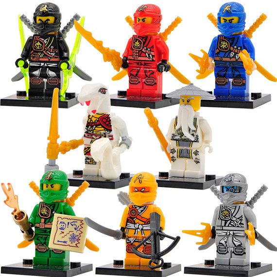 8 Custom Lego Ninjago minifigures, Lloyd , Kai, Jay, Cole, Zane