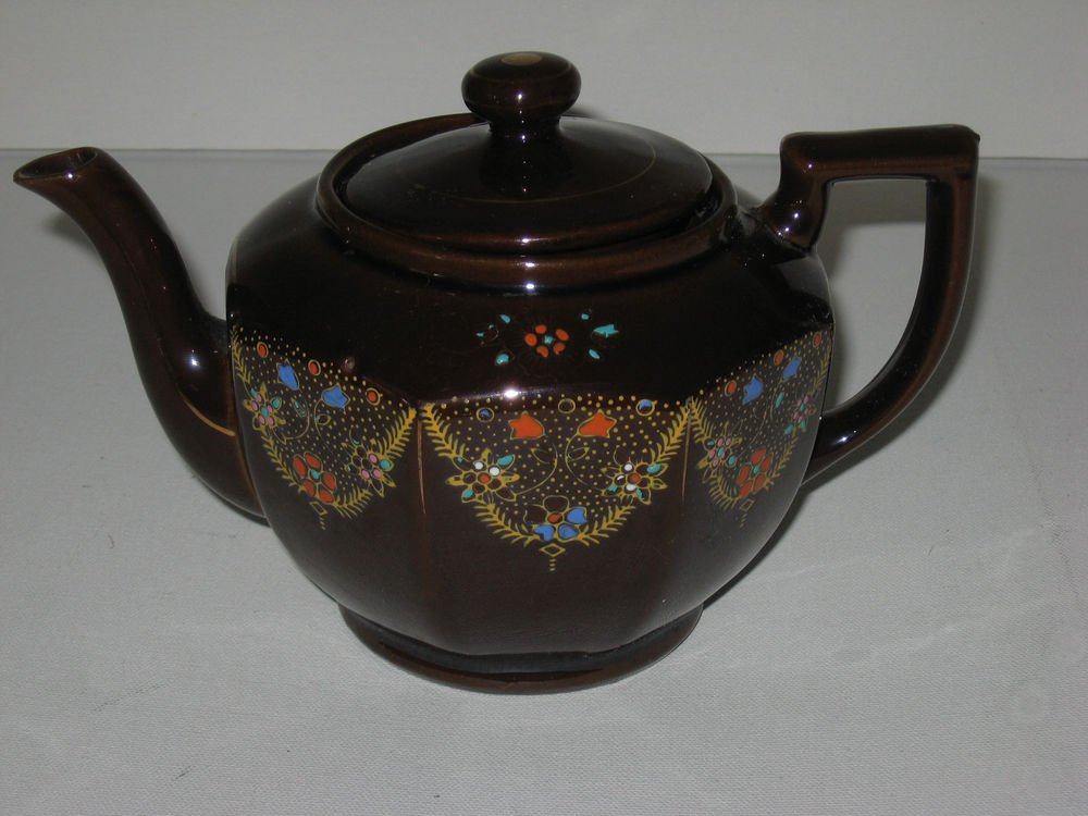 Vintage Japanese Redware Teapot with Gold Trim