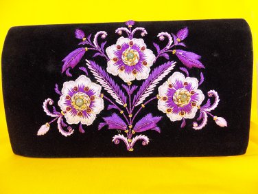 Black velvet bag with silk thread embroidery, flower motif, polished stones,