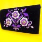 Black velvet bag with silk thread embroidery, flower motif, polished stones,