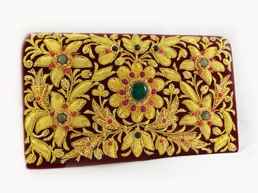 Embroidery with golden metallic thread, hanging handbag,