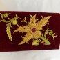 Maroon velvet, light golden metallic thread work, embroidery