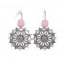 Steel Metal Flower Focal Dangle Earring with Pink Ball Embellishment $30.00