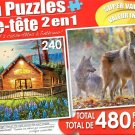 Cozy Cabin & Timber Wolf Pack on a Cool Fall Morning - Total 480 Piece 2 in 1 Jigsaw Puzzles