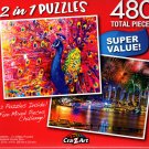 Bright Pink Peacock / Fireworks on the Hudson River - Total 480 Piece 2 in 1 Jigsaw Puzzles p015