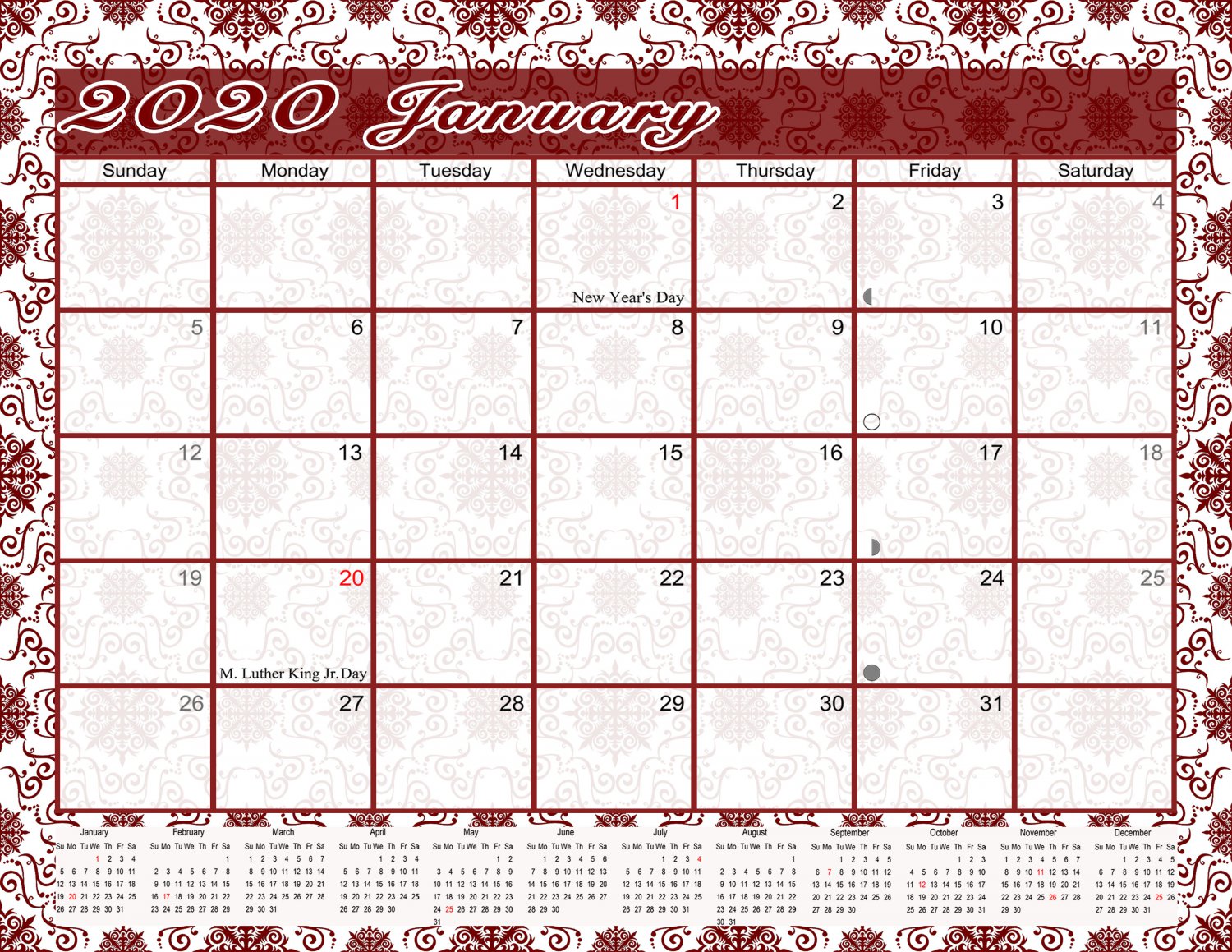 2020 Monthly Magnetic/Desk Calendar - 12 Months Desktop/Wall Calendar/Planner - (Damask Edition #16)