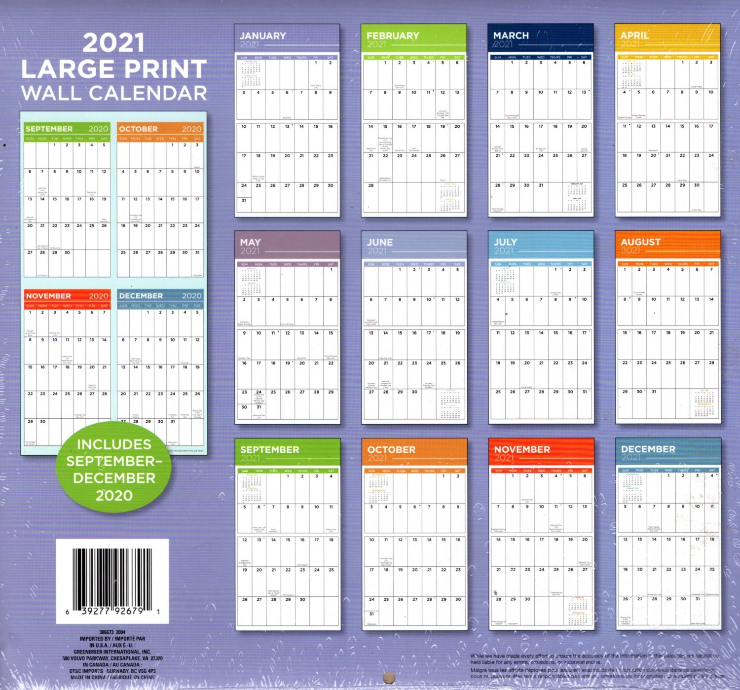 2021 16 Month Wall Calendar Large Print Calendar with 100 Reminder