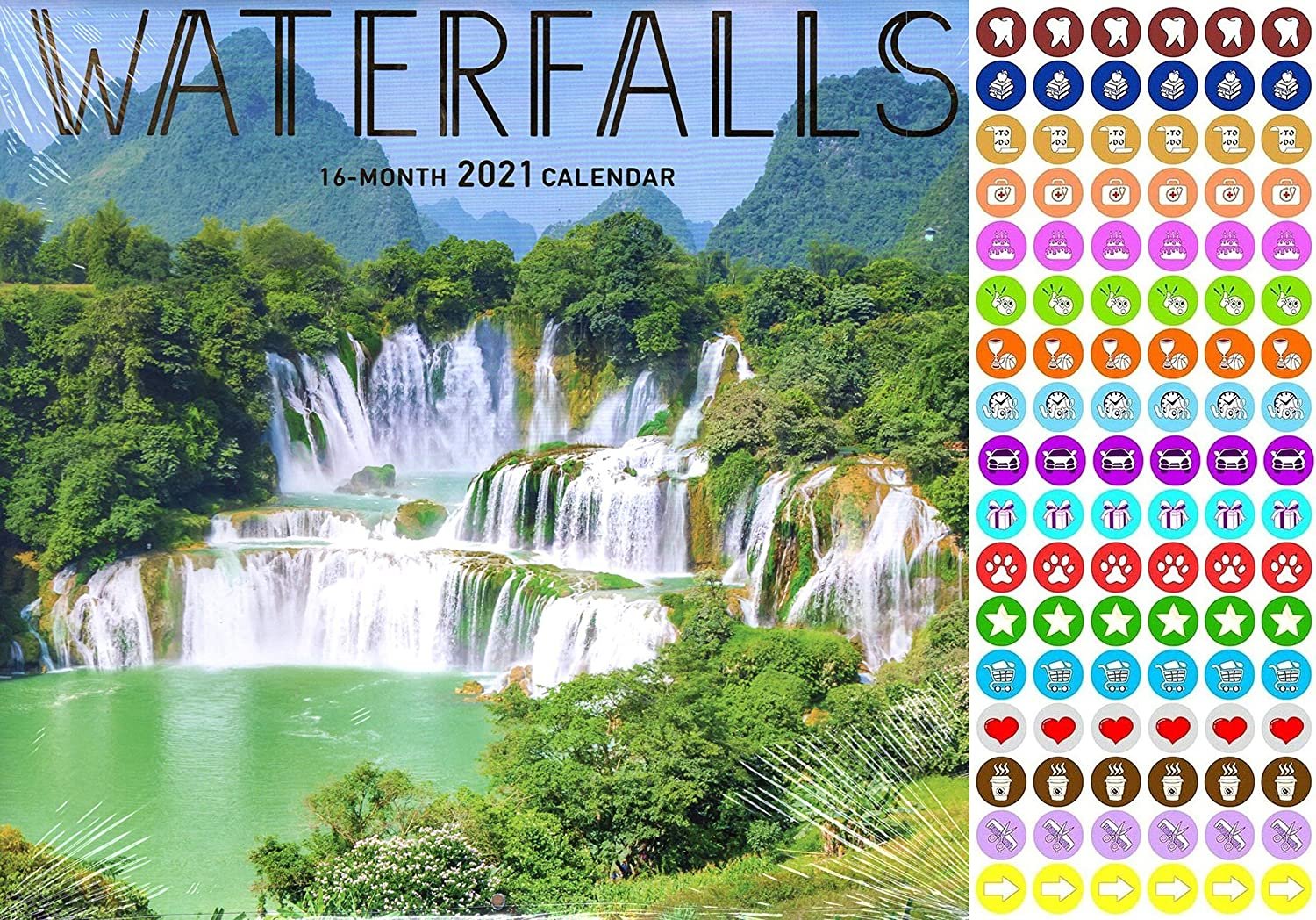 2021 16 Month Wall Calendar - Waterfalls - with 100 Reminder Stickers