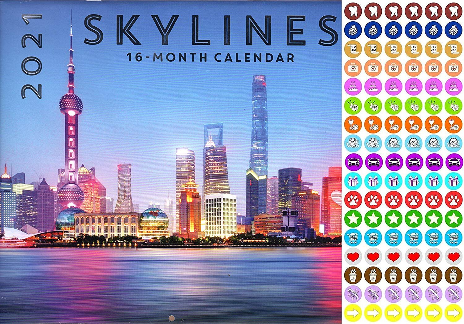 2021 16 Month Wall Calendar - Skylines - with 100 Reminder Stickers