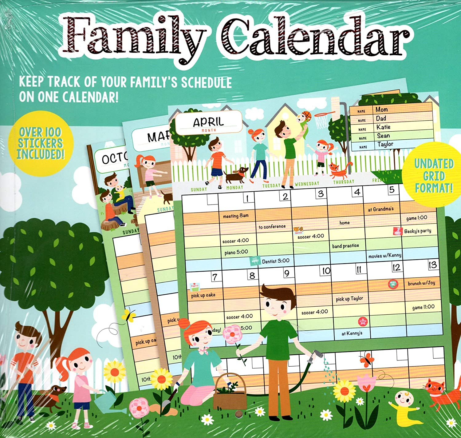 Undated 12 Month Wall Family Calendar - with Over 100 Stickers