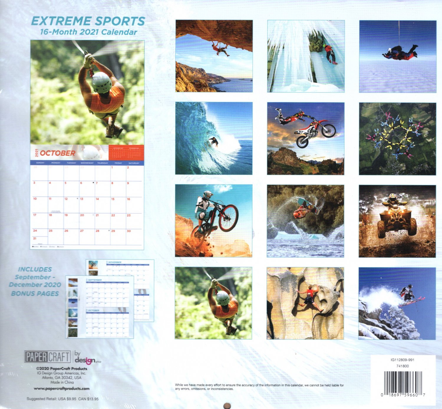 2021 16 Month Wall Calendar Extreme Sports with 100 Reminder Stickers