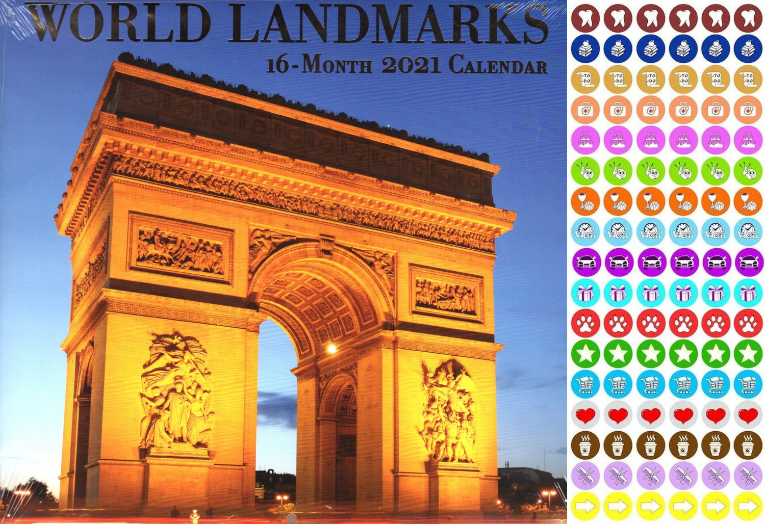 2021 16 Month Wall Calendar World Landmarks with 100 Reminder Stickers