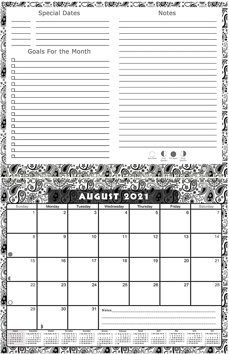 2021 - 2022 Academic Year 12 Months Student Calendar / Planner (Black&White Paisley Edition #010)
