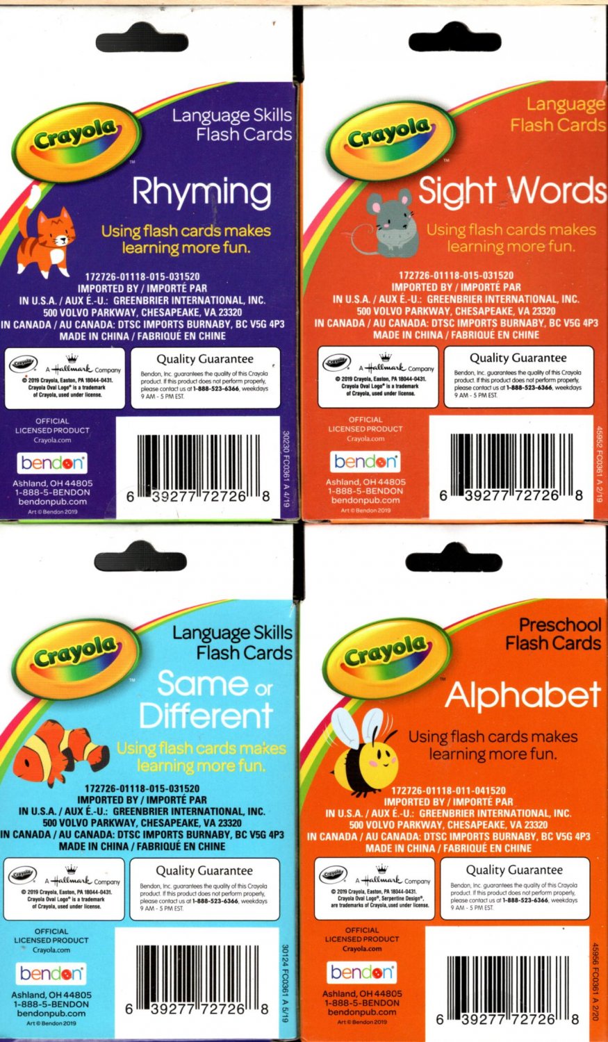 Crayola Language Skills Flash Cards Rhyming, Sight Words, Same or