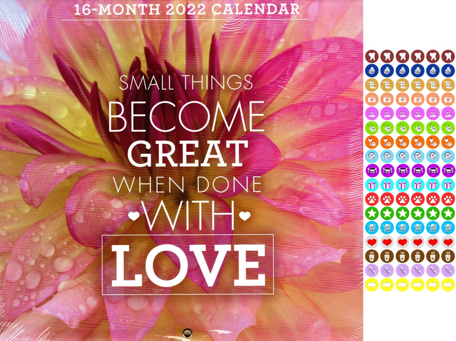2022 16 Month Wall Calendar - Small Things Become Great When Done with Love - with 100 Stickers