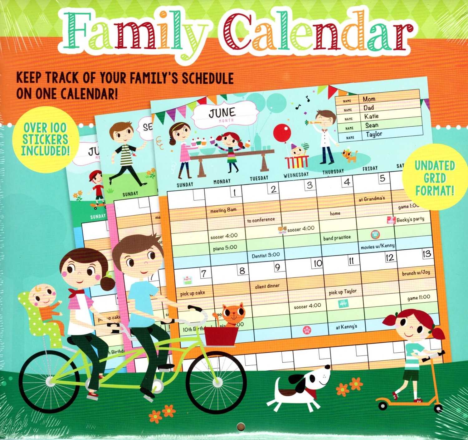 12 Month Family Wall Calendar - Undated Grid Format - Over 100 Stickers Included v1