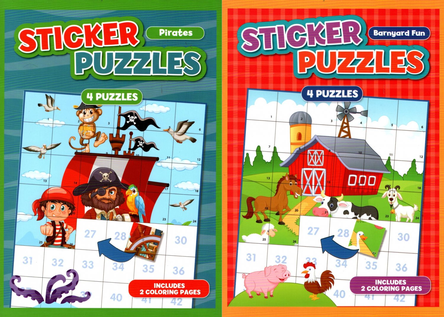 Activity Books for Kids: Sticker Puzzles - Barnyard Fun, Pirates (Set of 2 Books)