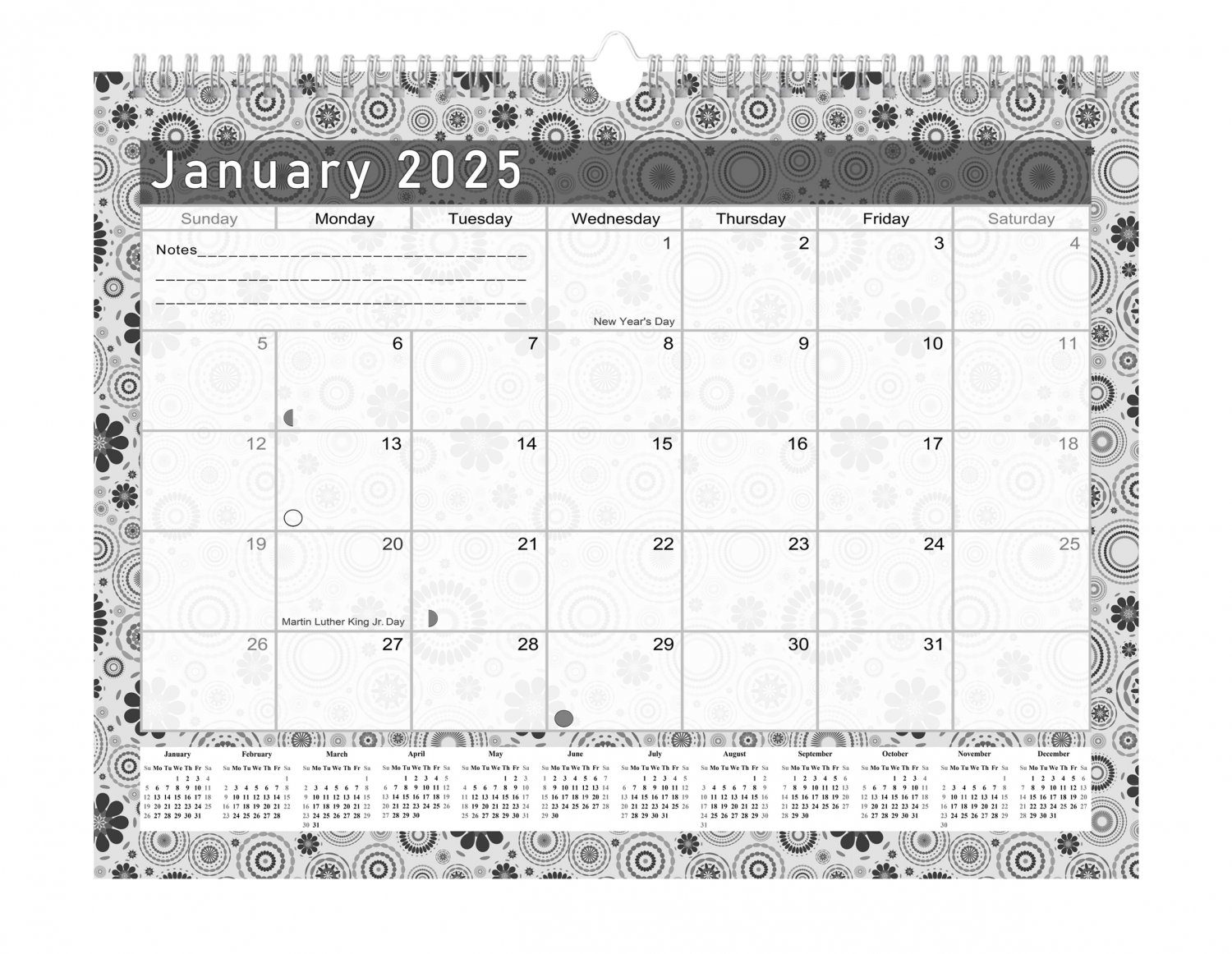 2025 Monthly SpiralBound Wall/Desk Calendar 12 Months Desktop B&W