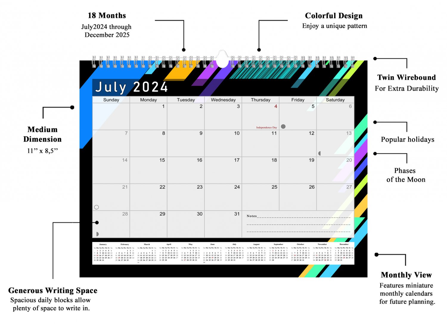 2024 2025 Monthly SpiralBound Wall / Desk Calendar 18 Months