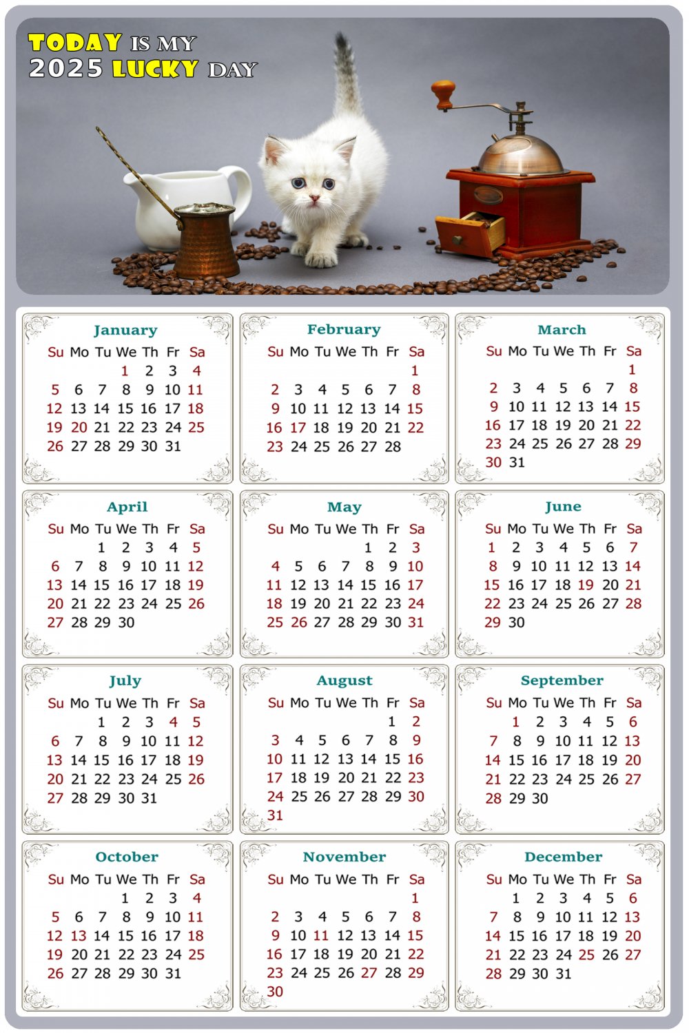 2025 Calendar Calendar Today is my Lucky Day Cat