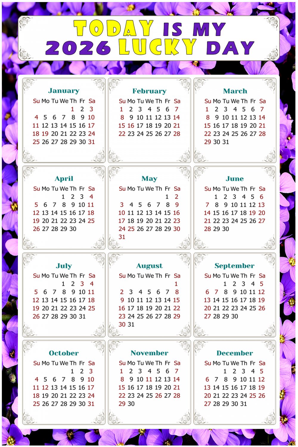 2026 Peel & Stick Calendar - Today is my Lucky Day Removable - 026 (12"x 8")