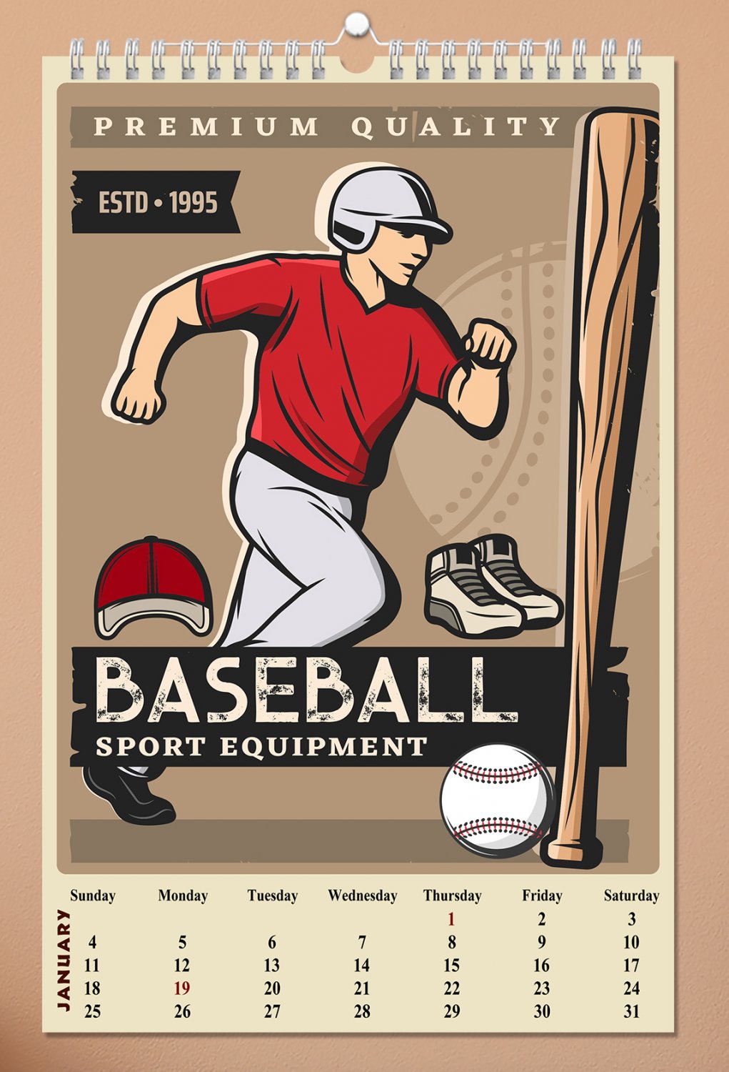 2026 Wall Oversized Art Poster Calendar Spiral-bound Twin-Wire Binding- Baseball