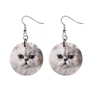 White Persian Cat Pet Lover Jewelry Button Earrings 12201236