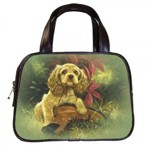 Black Designer 100% Leather Spaniel pet dog Handbag Purse #19334325